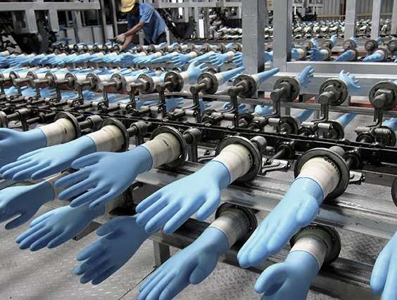 Automated production line manufacturing blue medical gloves in a modern industrial factory